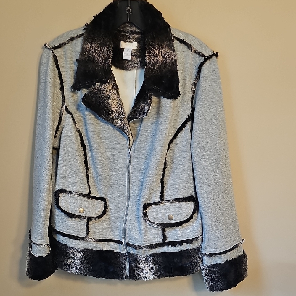 Chico's Light Gray Sweatshirt Jacket with Black And Brown Faux-Fur Trim Zip